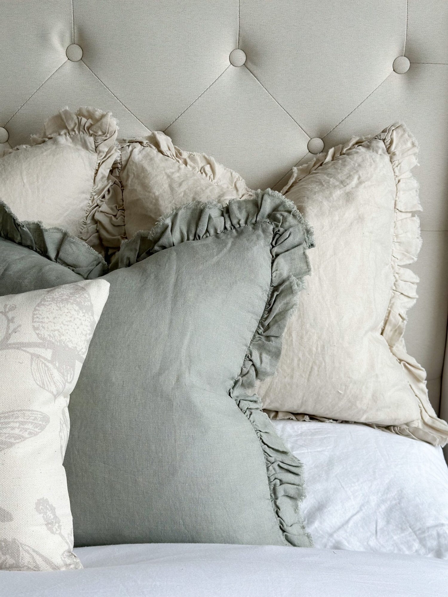 Hallie Ruffled Linen Cushion Cover 45cm – Dusty Sage