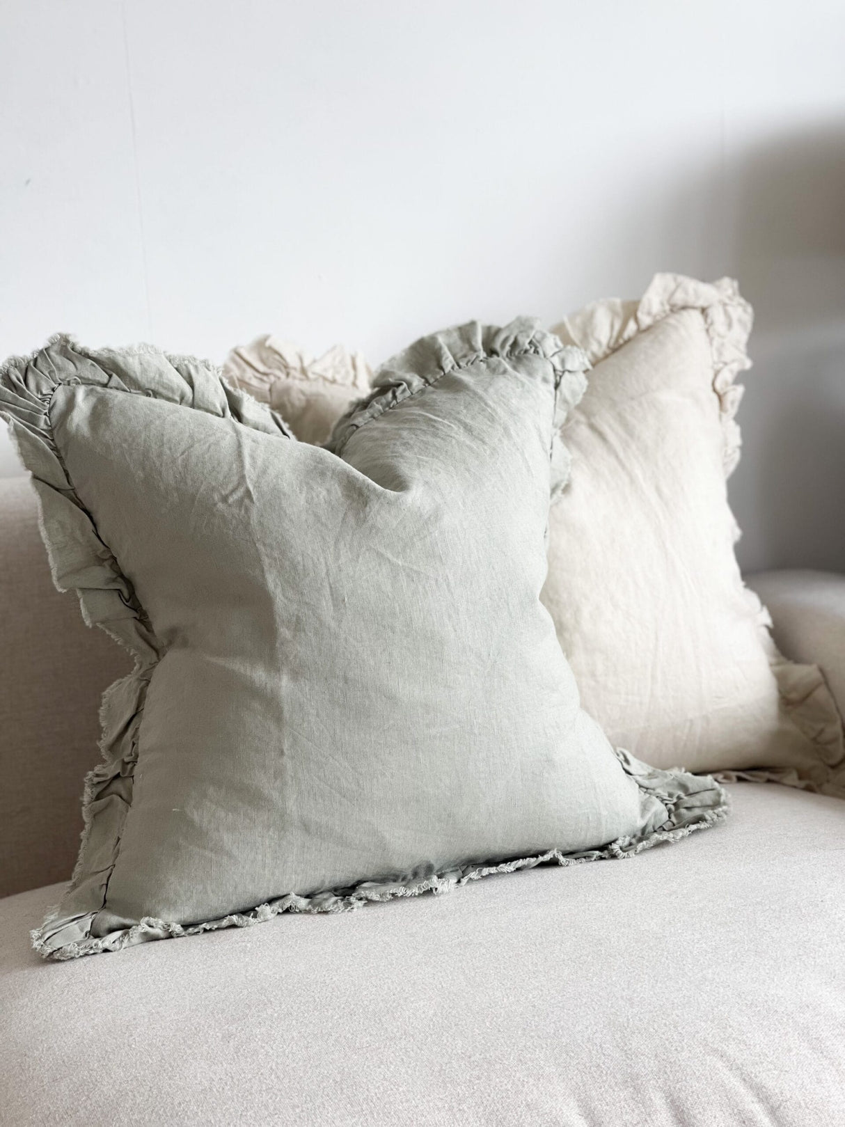 Hallie Ruffled Linen Cushion Cover 45cm – Dusty Sage