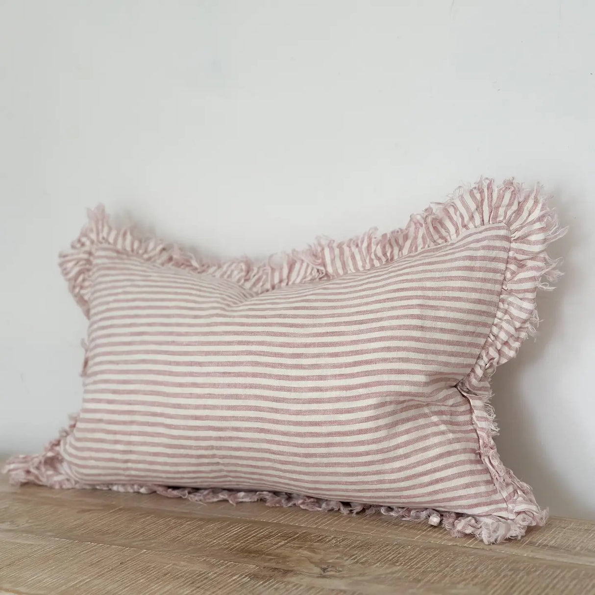 Hallie Ruffled Linen Cushion 50x30cm – Pink Stripe