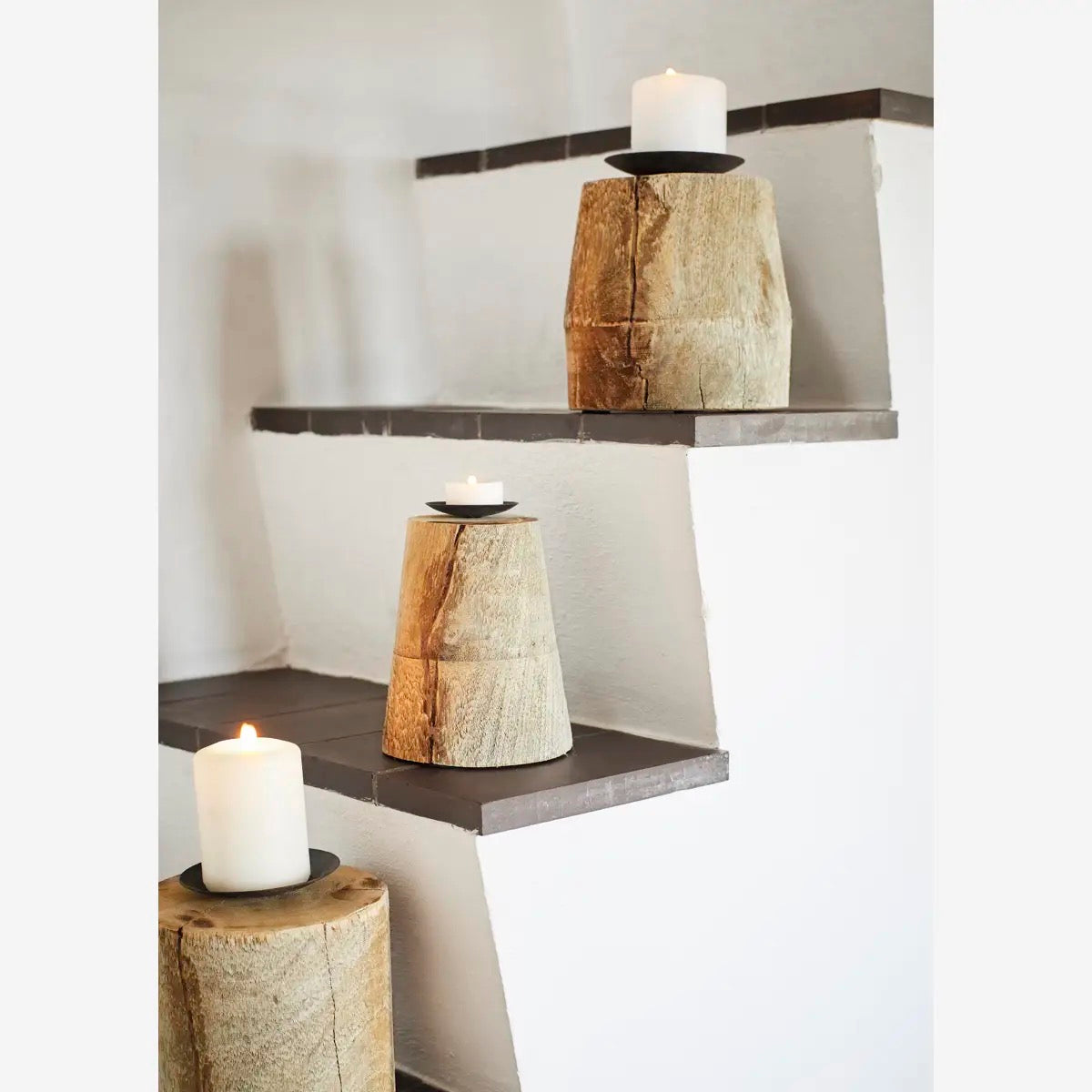 RECYCLED WOODEN CANDLE STANDS SET/3