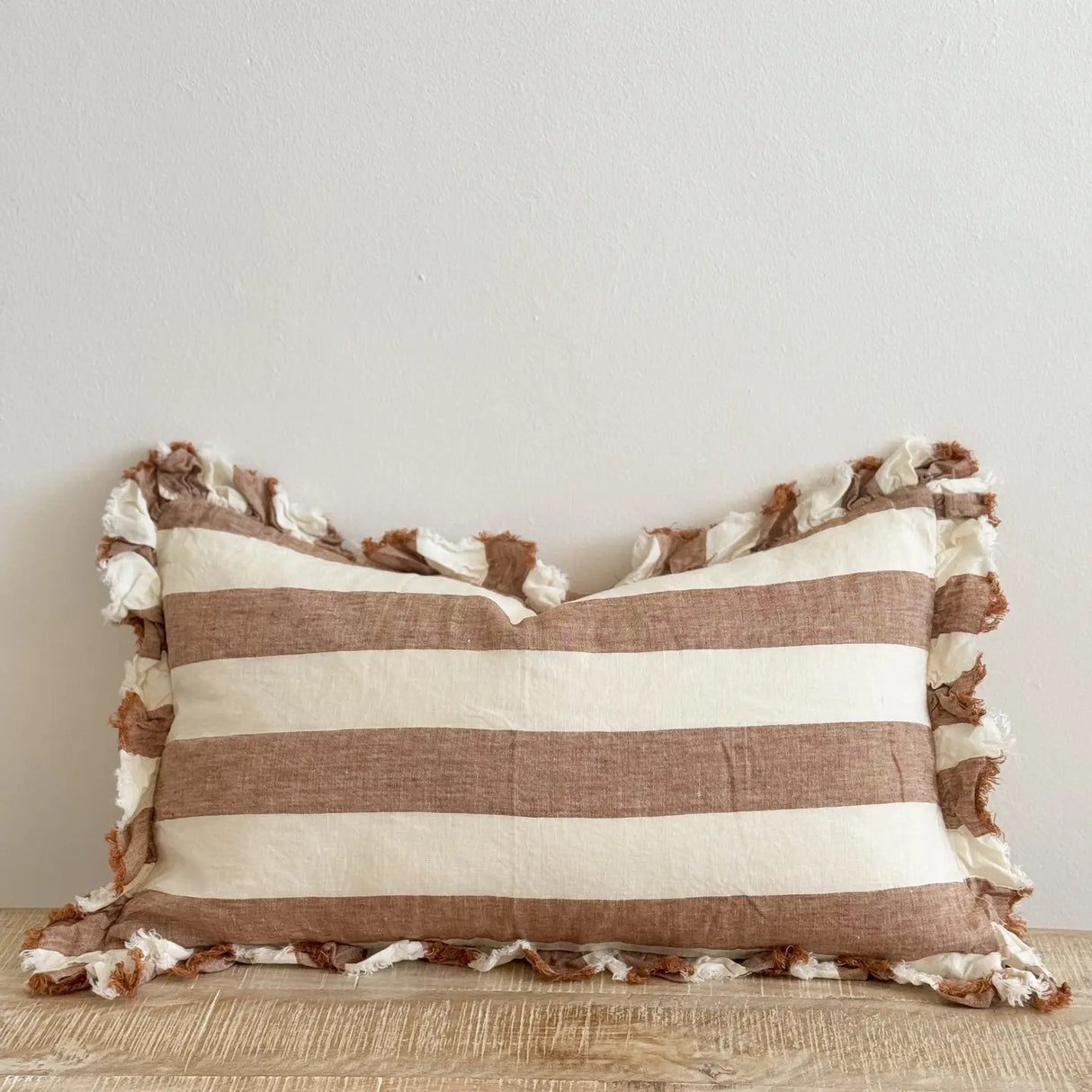 Hallie Ruffled Linen Cushion –Wide Rust Stripe 50x 30cm