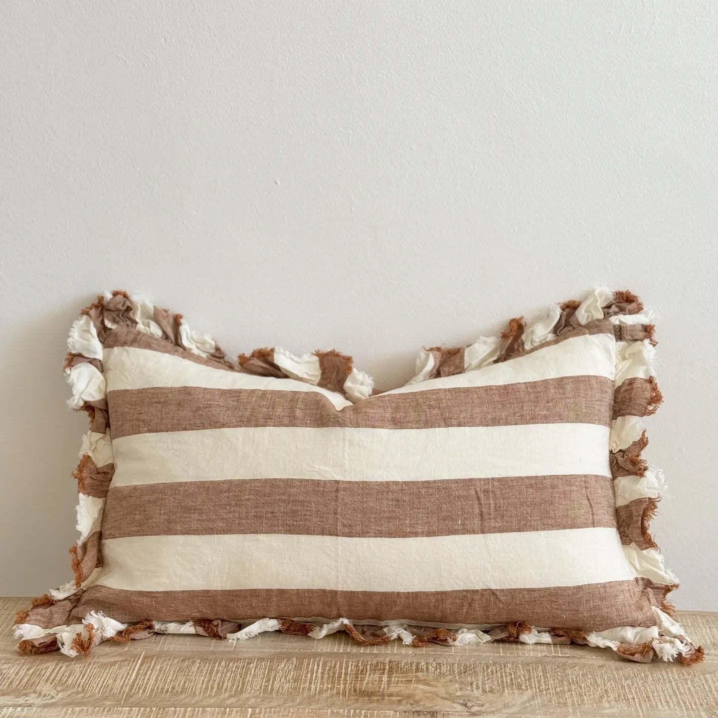 Hallie Ruffled Linen Cushion –Wide Rust Stripe 50x 30cm