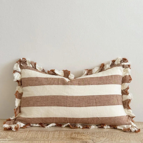 Hallie Ruffled Linen Cushion –Wide Rust Stripe 50x 30cm