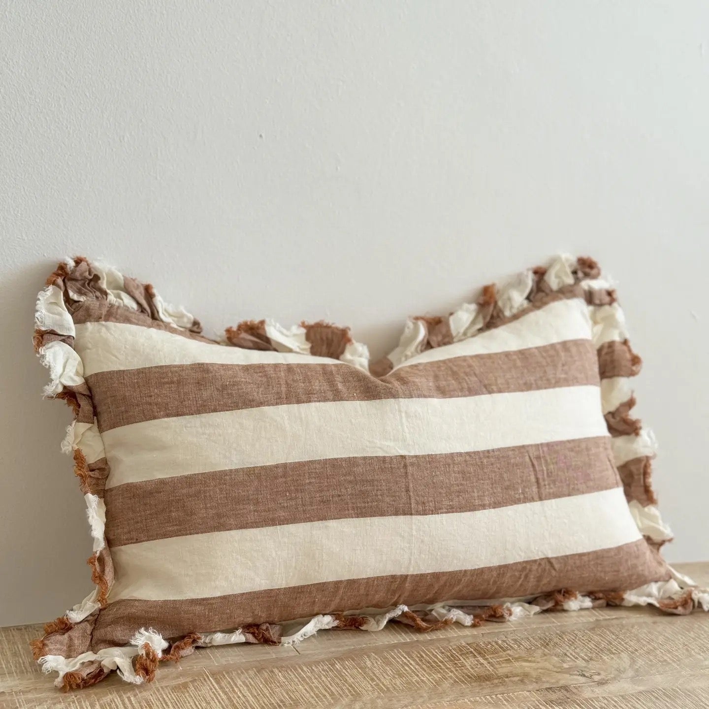 Hallie Ruffled Linen Cushion –Wide Rust Stripe 50x 30cm