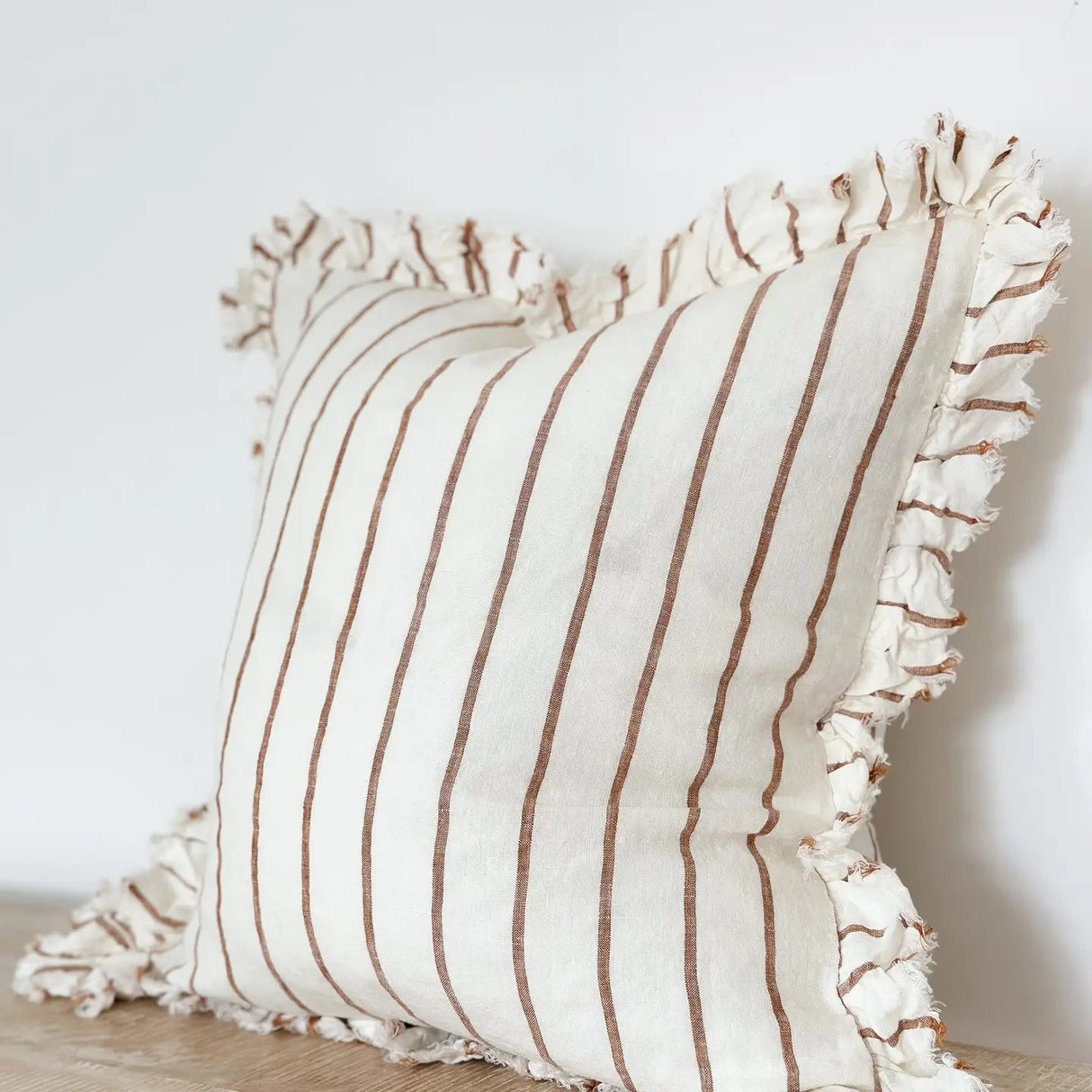 Hallie Ruffled Linen Cushion 45cm – Brown/Rust & Cream Stripe