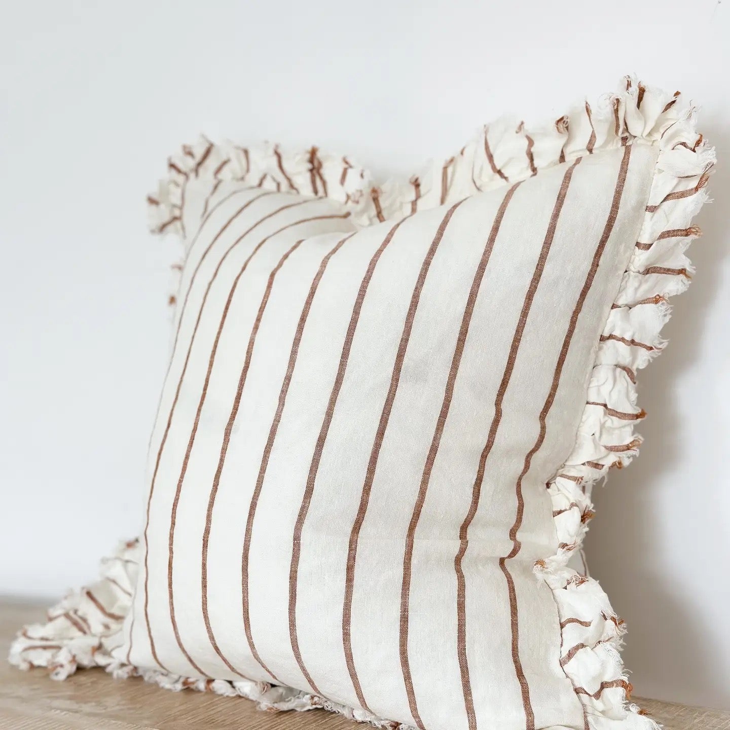Hallie Ruffled Linen Cushion 45cm – Brown/Rust & Cream Stripe