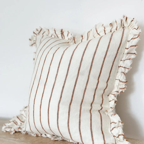 Hallie Ruffled Linen Cushion 45cm – Brown/Rust & Cream Stripe