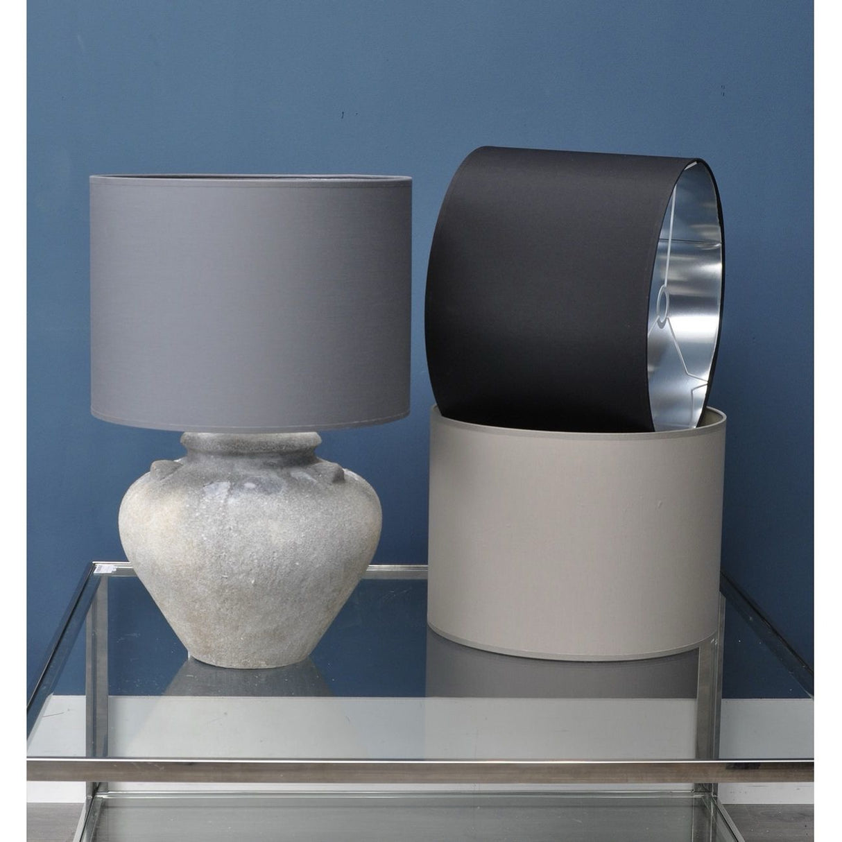 Libra Grey and Silver Lined Drum Lampshade (16″)