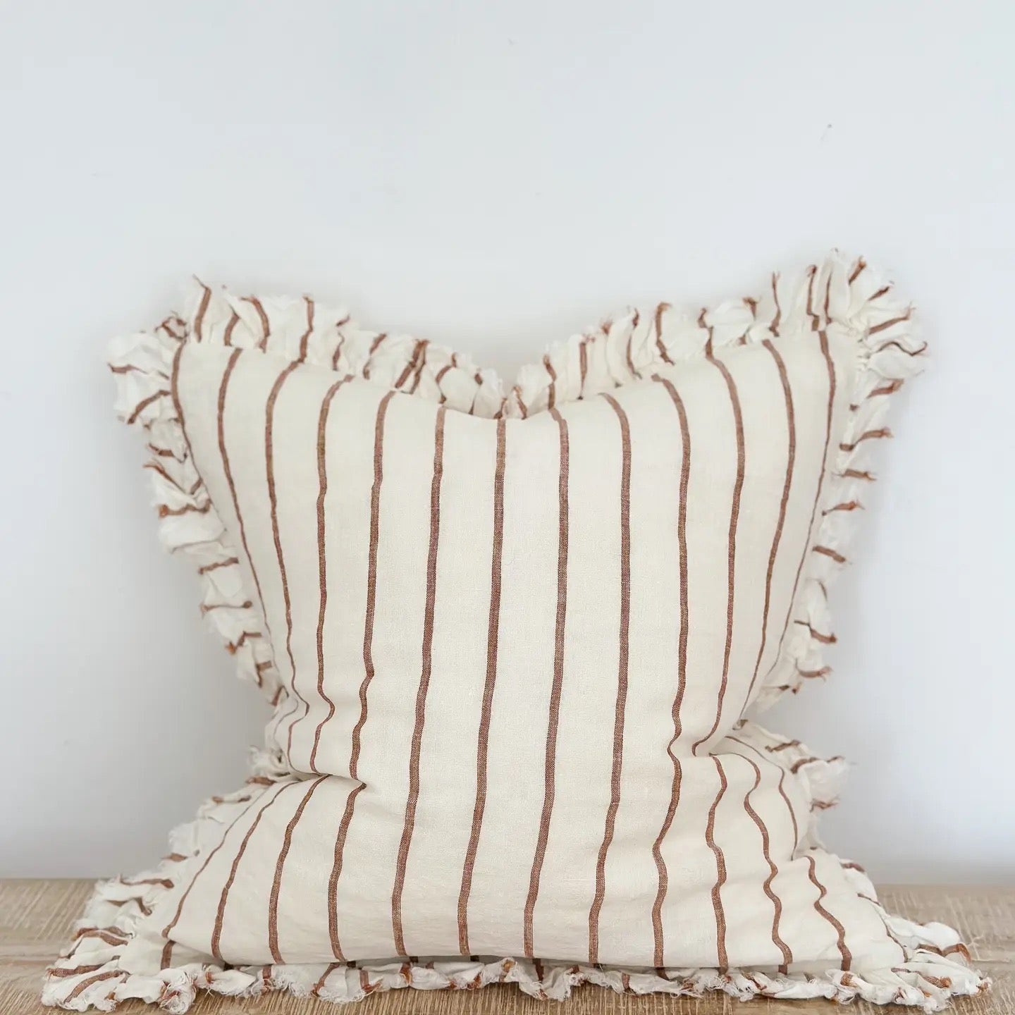 Hallie Ruffled Linen Cushion 45cm – Brown/Rust & Cream Stripe