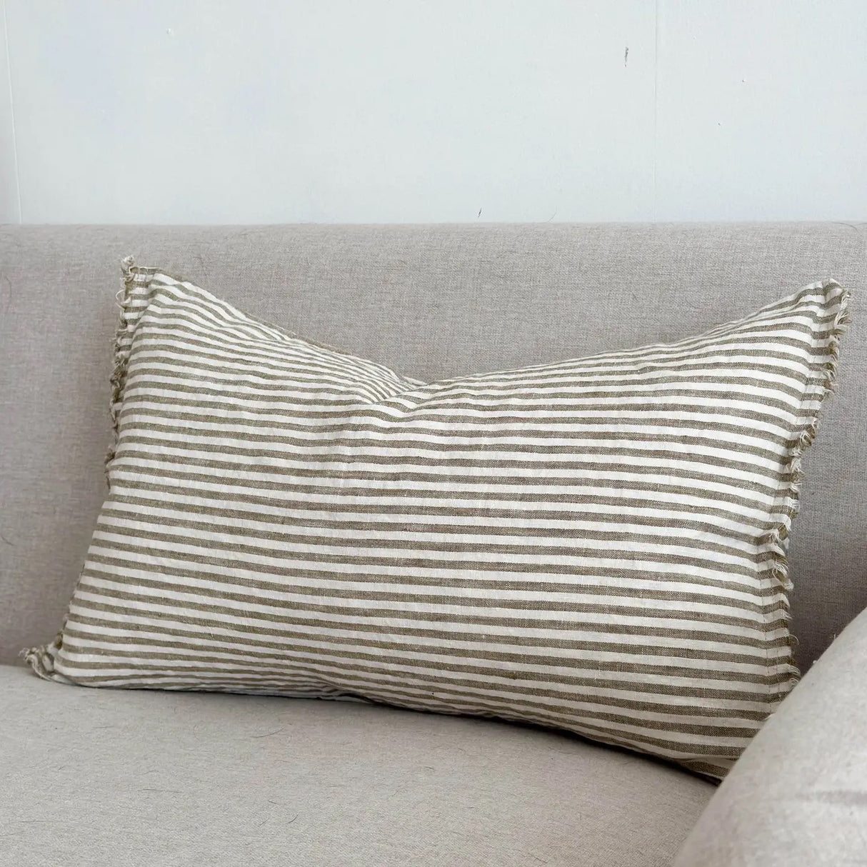 Esmee Linen Cushion  30x50cm – Frayed Edge Olive Stripe