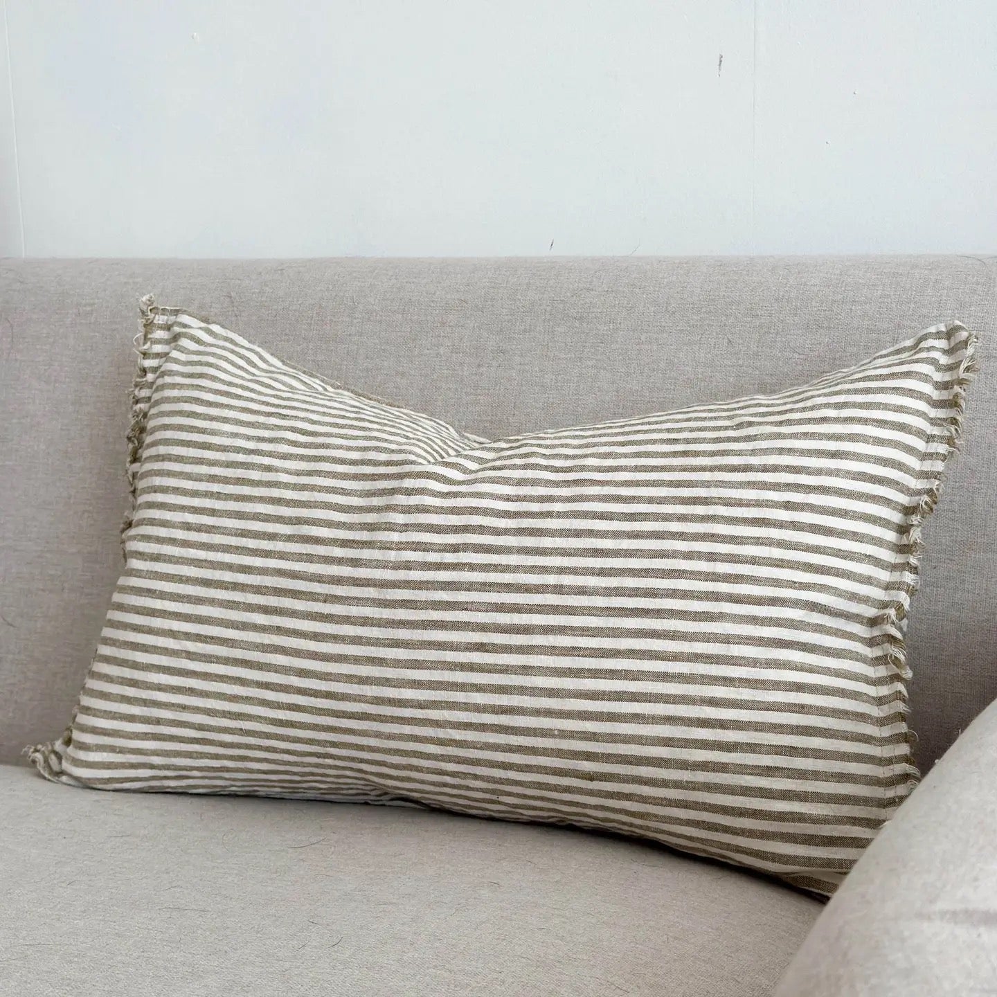 Esmee Linen Cushion  30x50cm – Frayed Edge Olive Stripe