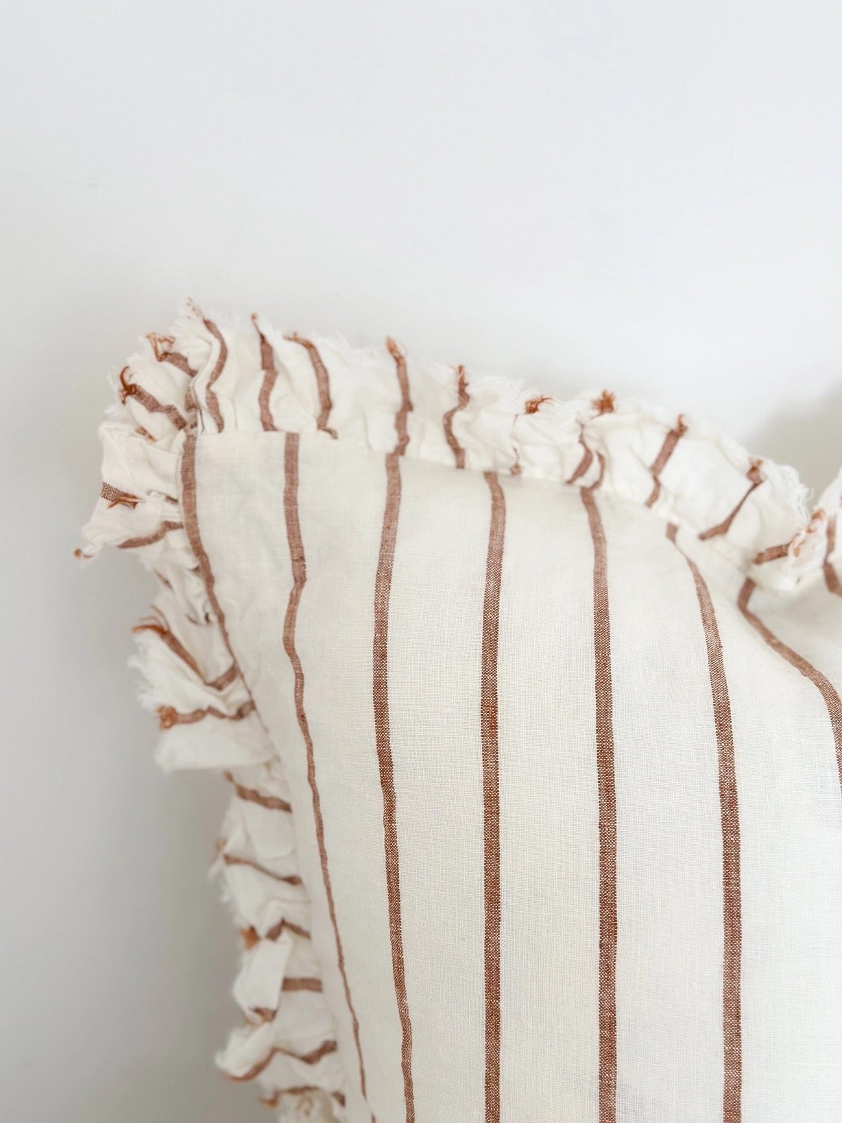 Hallie Ruffled Linen Cushion 45cm – Brown/Rust & Cream Stripe