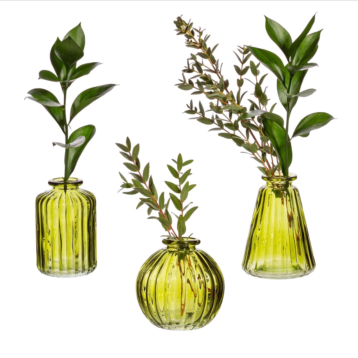 Olive Green Glass Bud Vases - Set Of 3