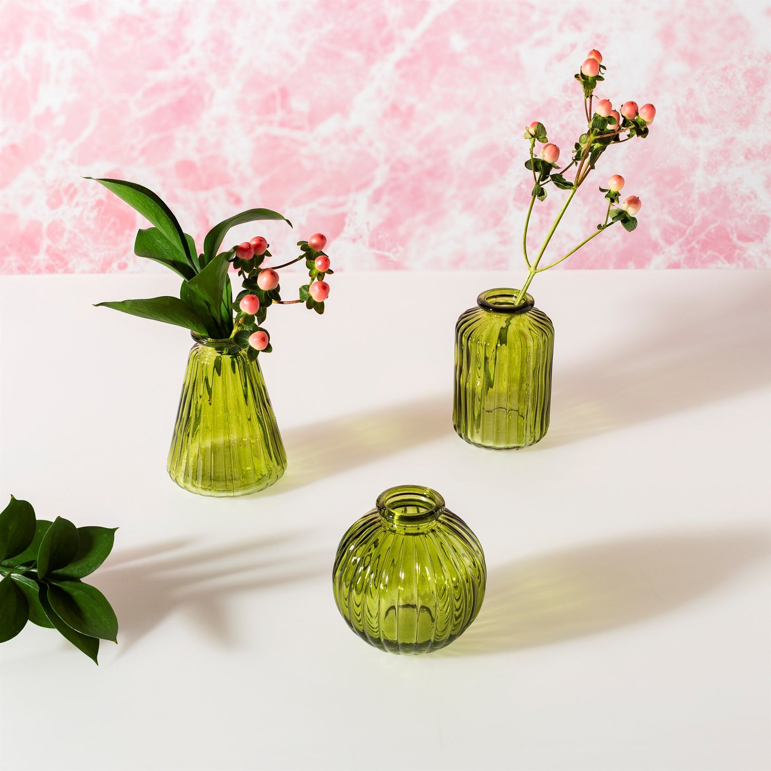 Olive Green Glass Bud Vases - Set Of 3