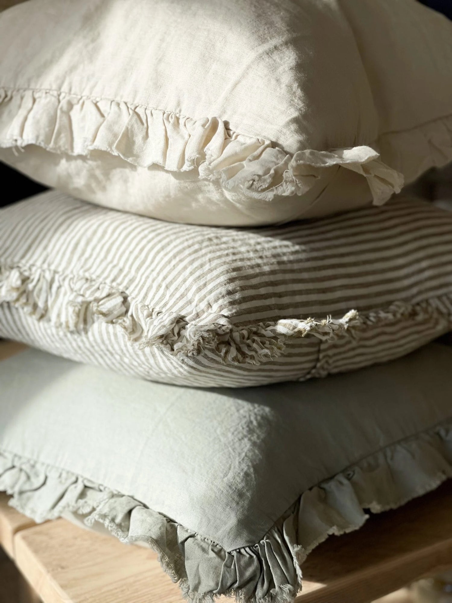 Hallie Ruffled Linen Cushion 45cm – Olive Stripe
