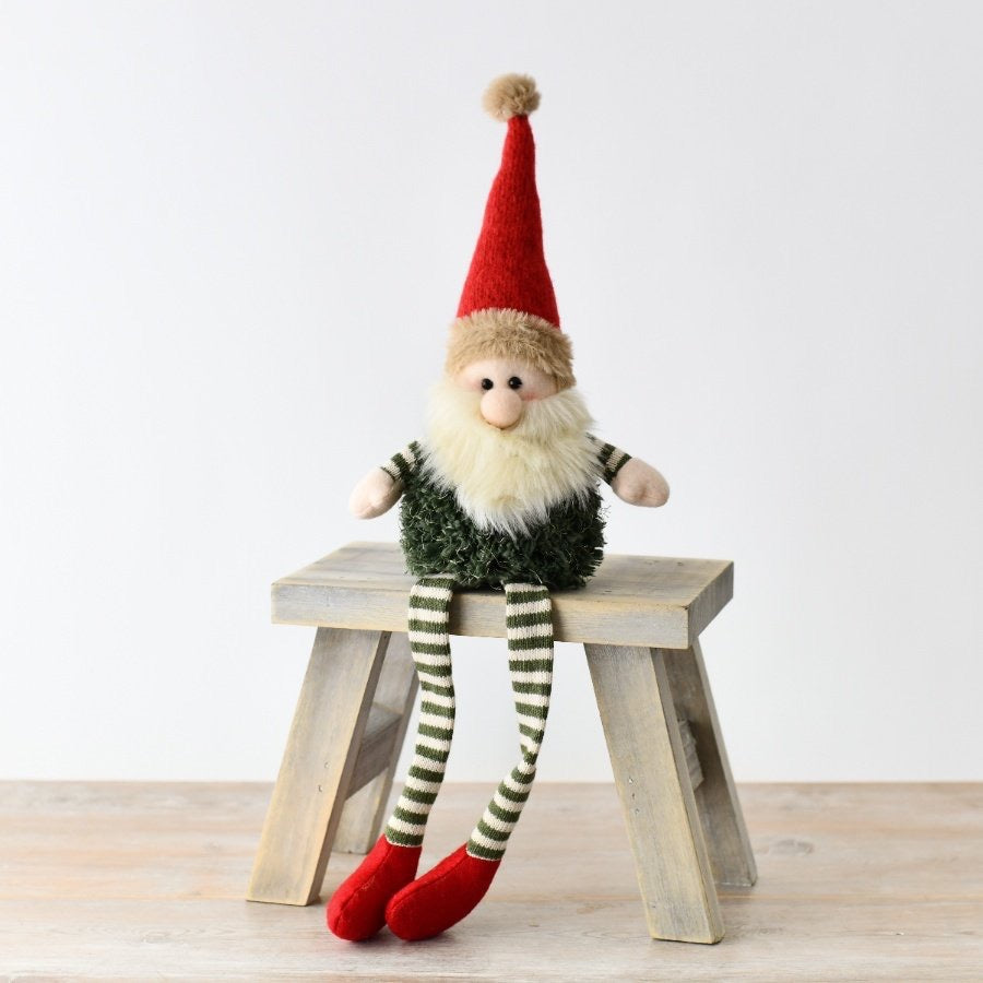 SITTING SANTA W/ GREEN FLUFFY DETAILS, 53CM