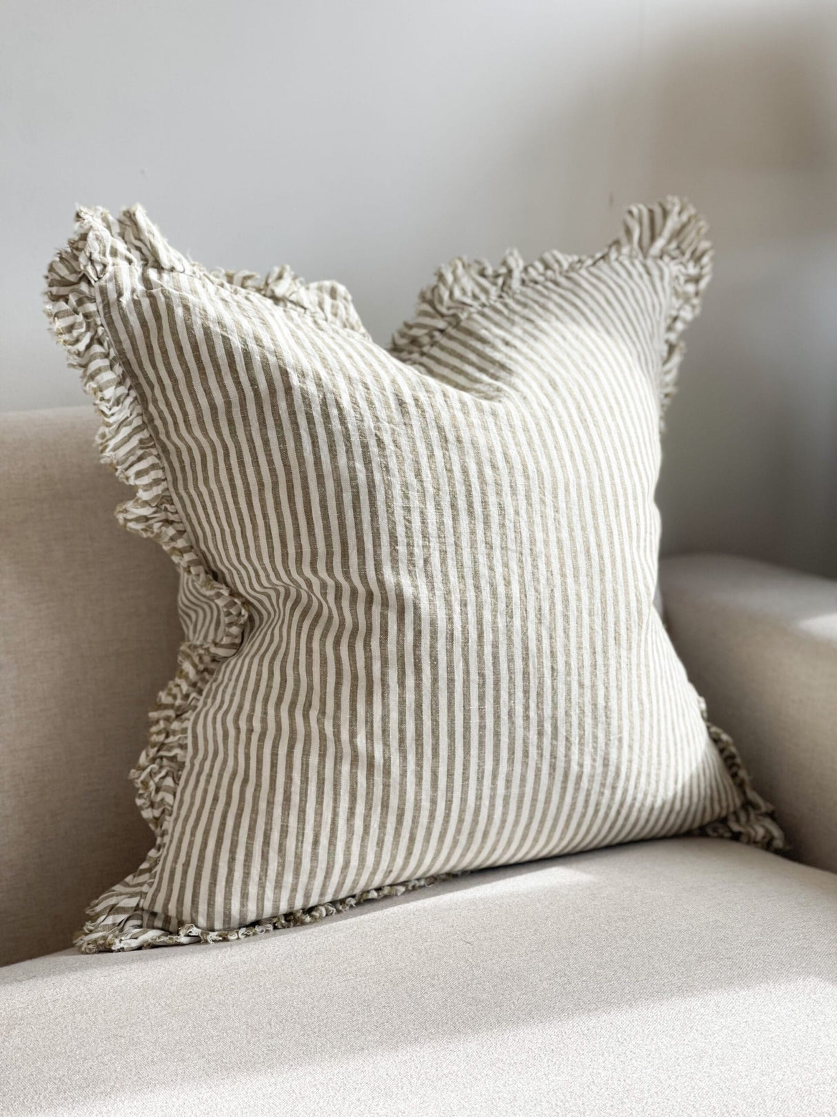 Hallie Ruffled Linen Cushion 45cm – Olive Stripe