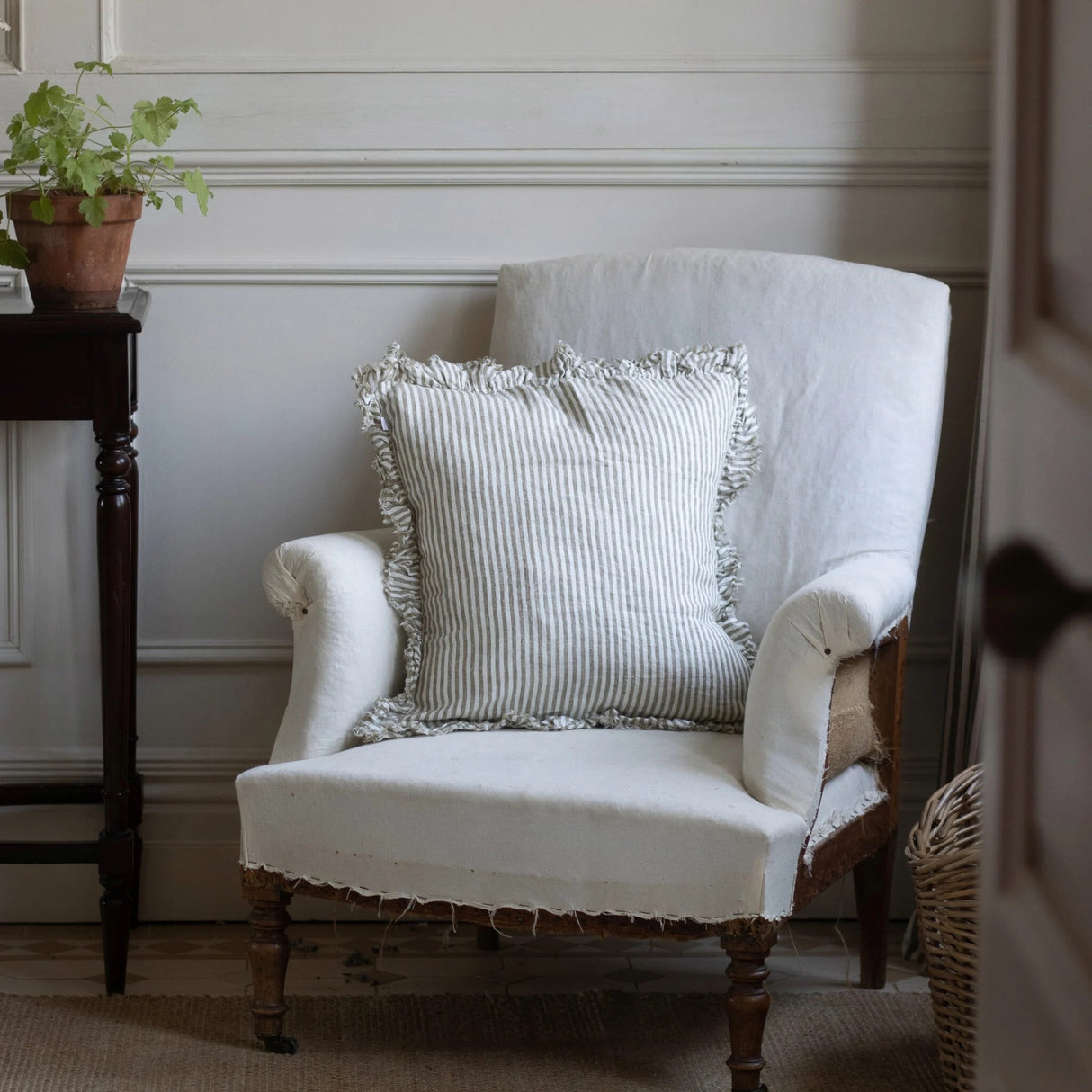 Hallie Ruffled Linen Cushion 45cm – Olive Stripe