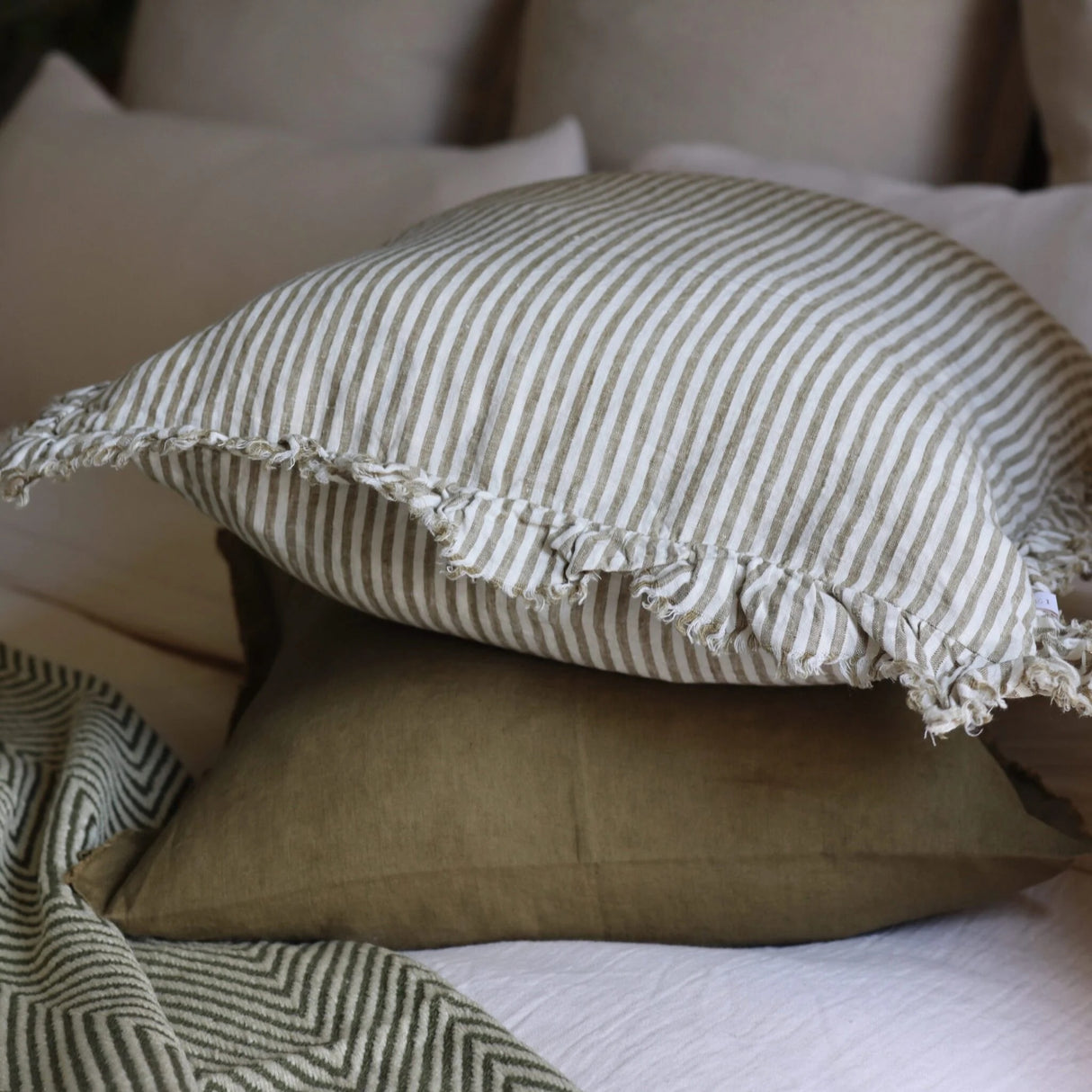 Hallie Ruffled Linen Cushion 45cm – Olive Stripe