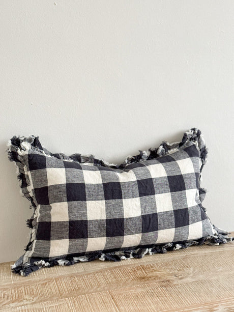 Hallie Navy Check Ruffle Cushion 50×30cm
