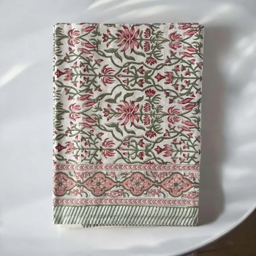 PRETTY PINK/GREEN BLOCK PRINTED TABLECLOTH