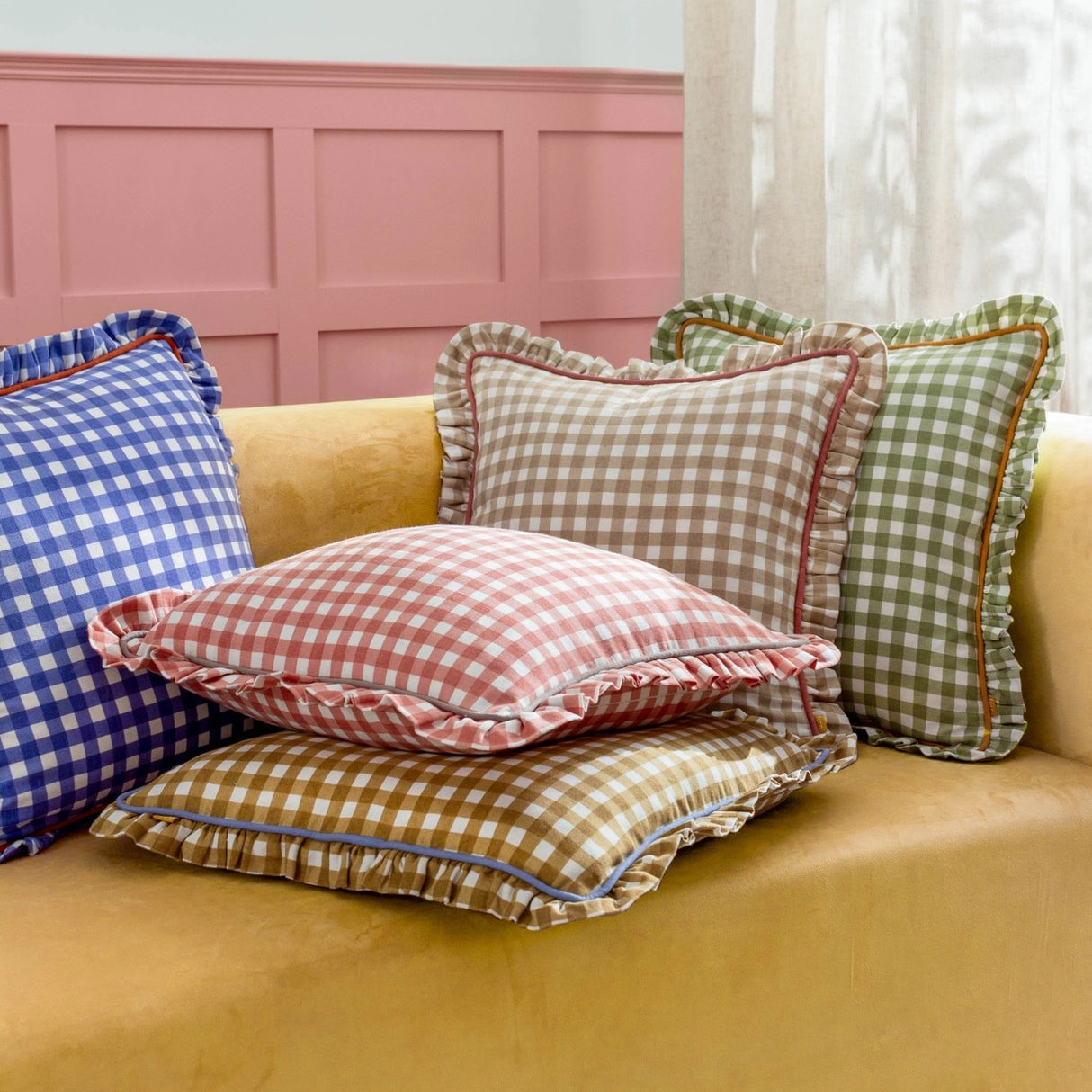 Maude Gingham Reversible Piped Cushion - 4 Colours