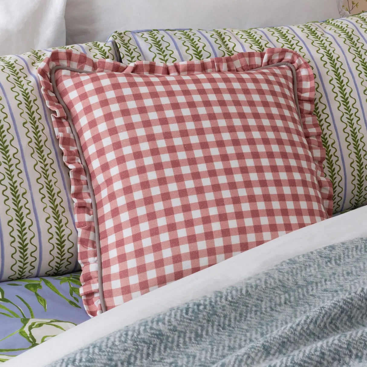 Maude Gingham Reversible Piped Cushion - 4 Colours