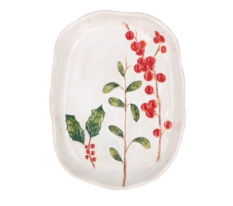 Stoneware Oval Dish 21cm - Holly & Red Berries