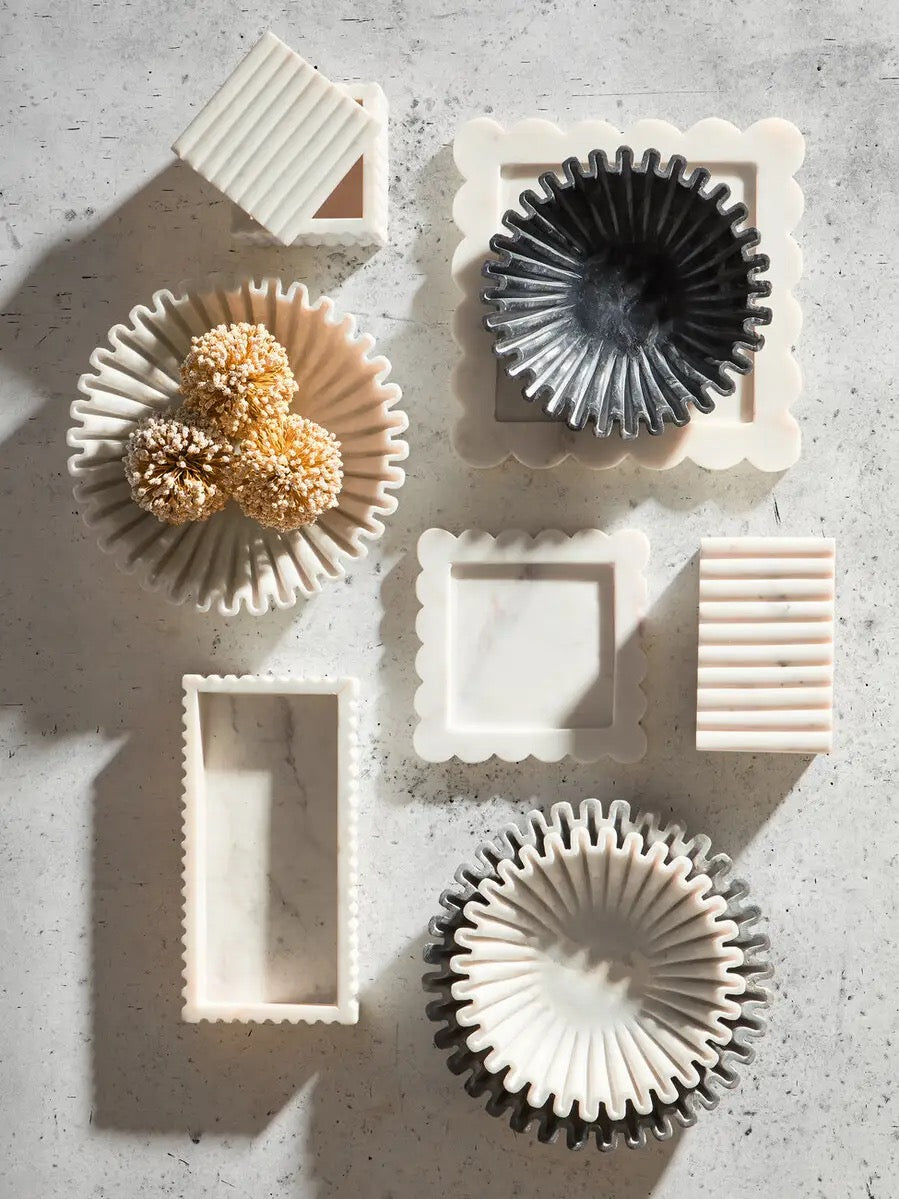 Savio White Marble Square 20cm Tray with Scallop Edges