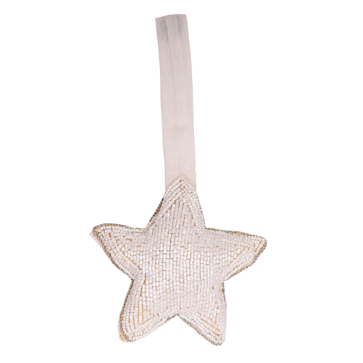 Hanging Beaded Star Tree Decoration - Cream & Gold