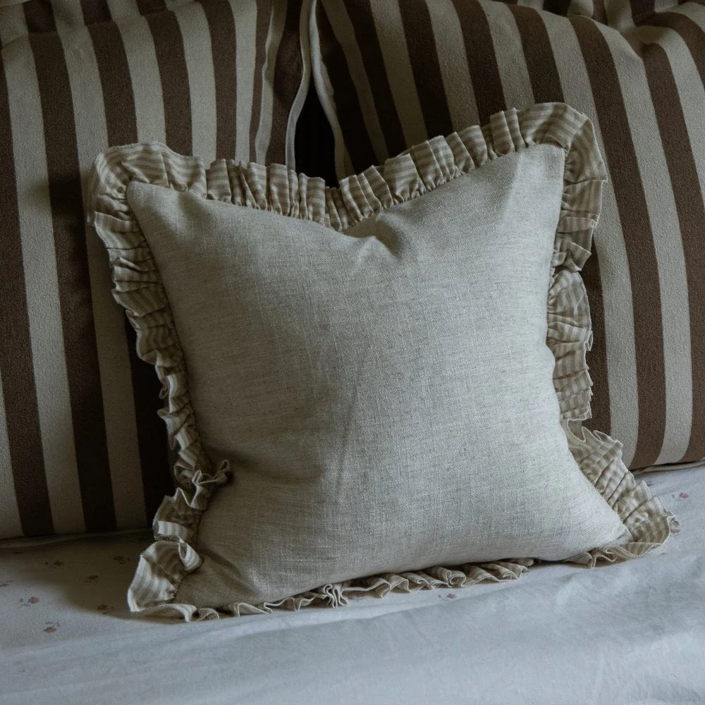 Bella Beige Stripe Ruffle Edge Cushion 45x45