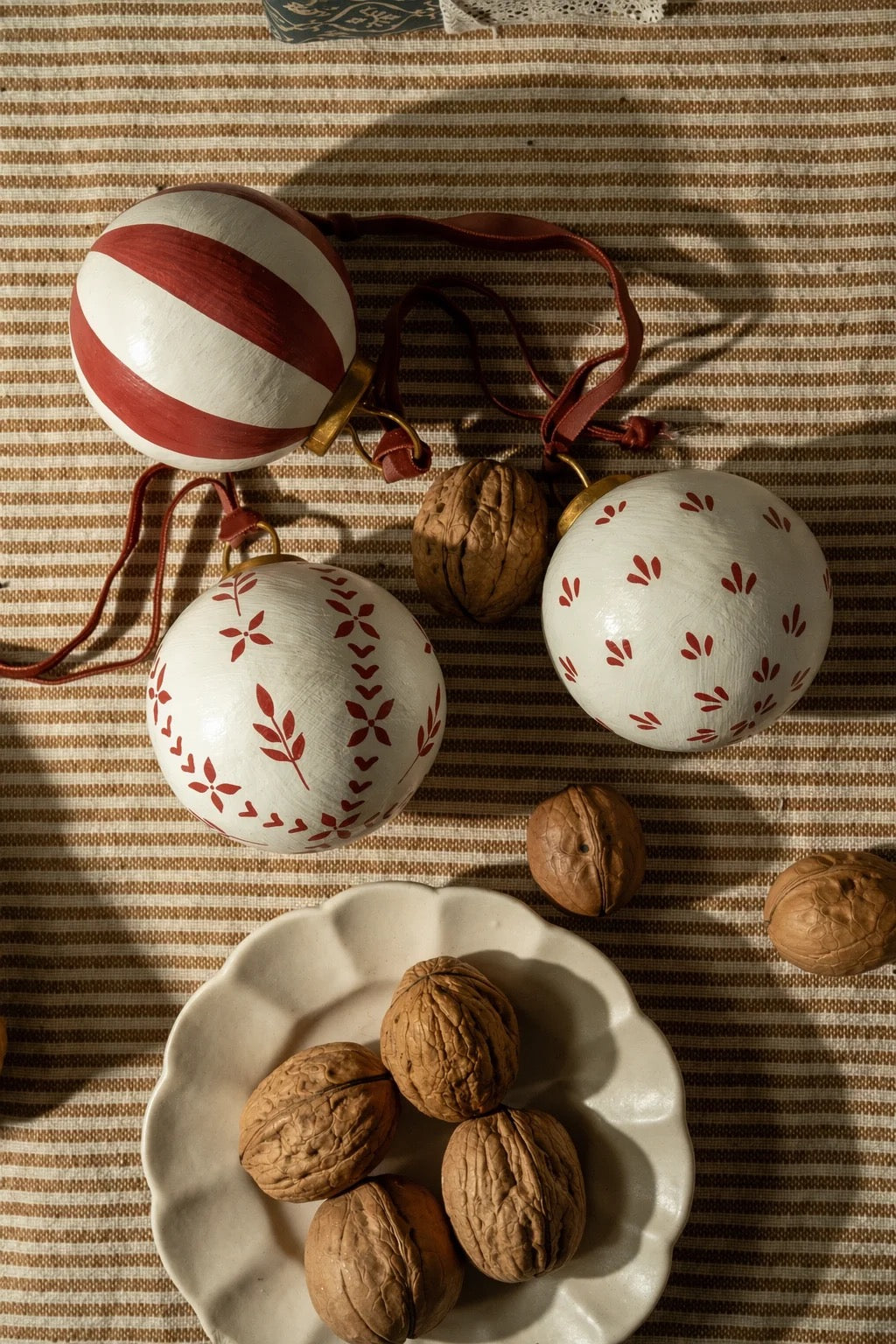 Hand-Painted Baubles with Velvet Ribbon - Berry/Green - Set of 3