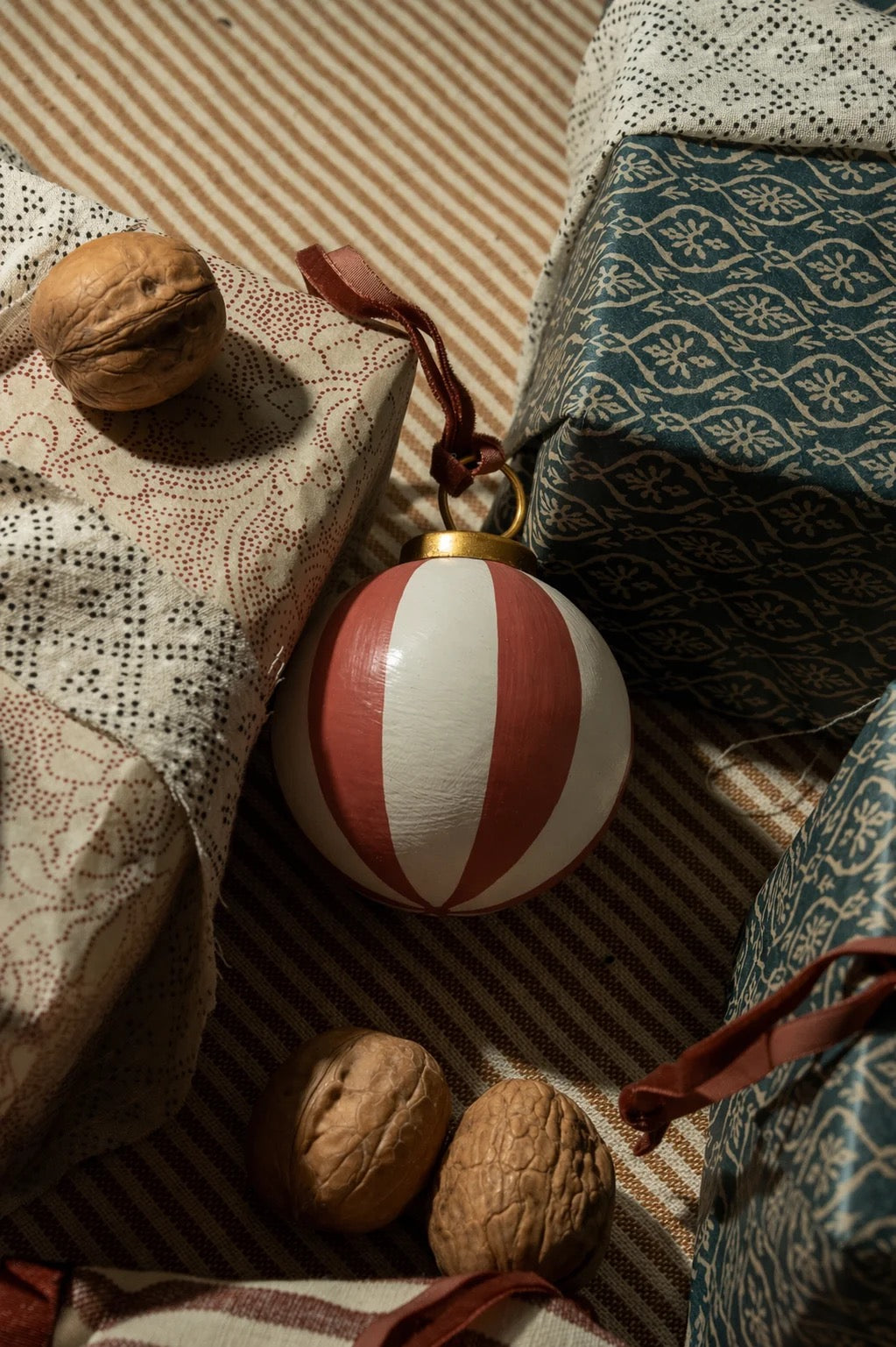 Hand-Painted Baubles with Velvet Ribbon - Berry/Green - Set of 3