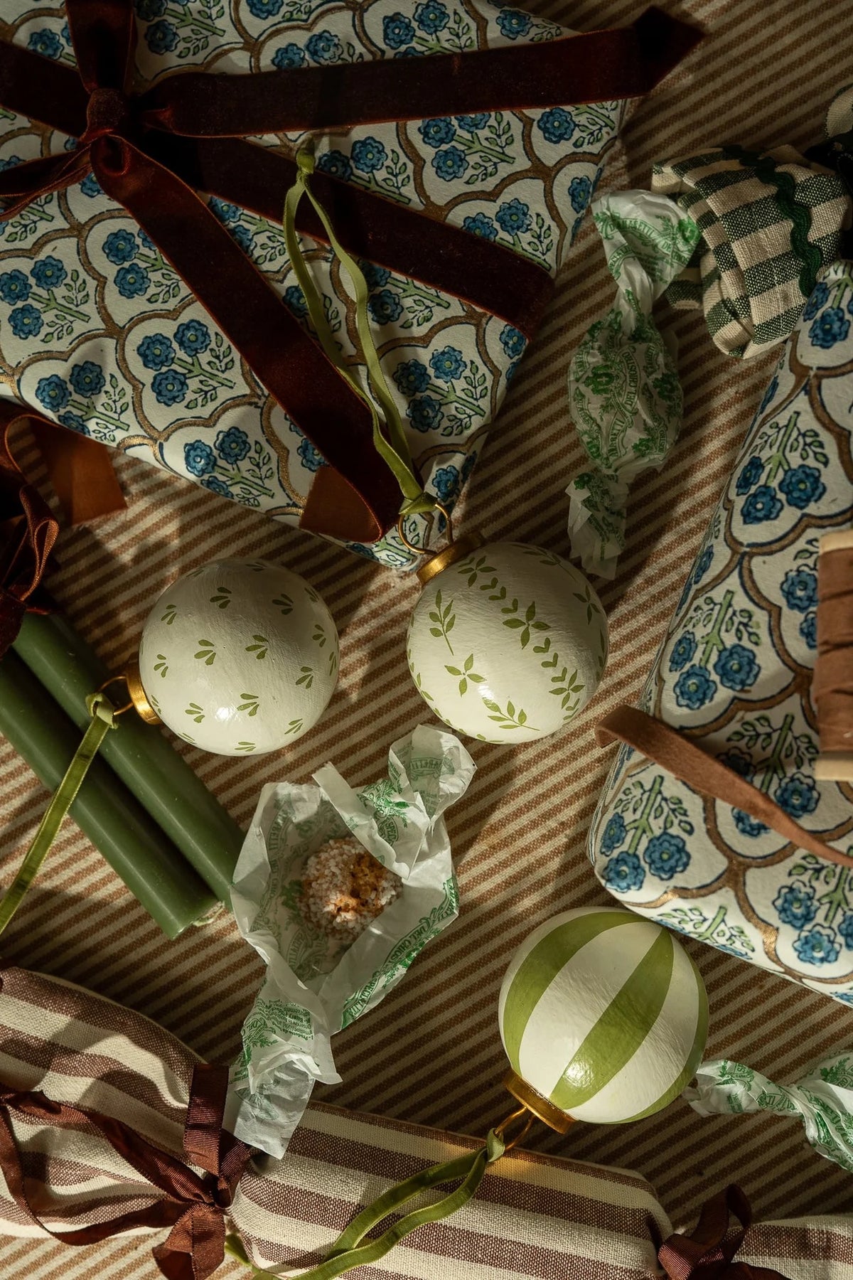 Hand-Painted Baubles with Velvet Ribbon - Berry/Green - Set of 3
