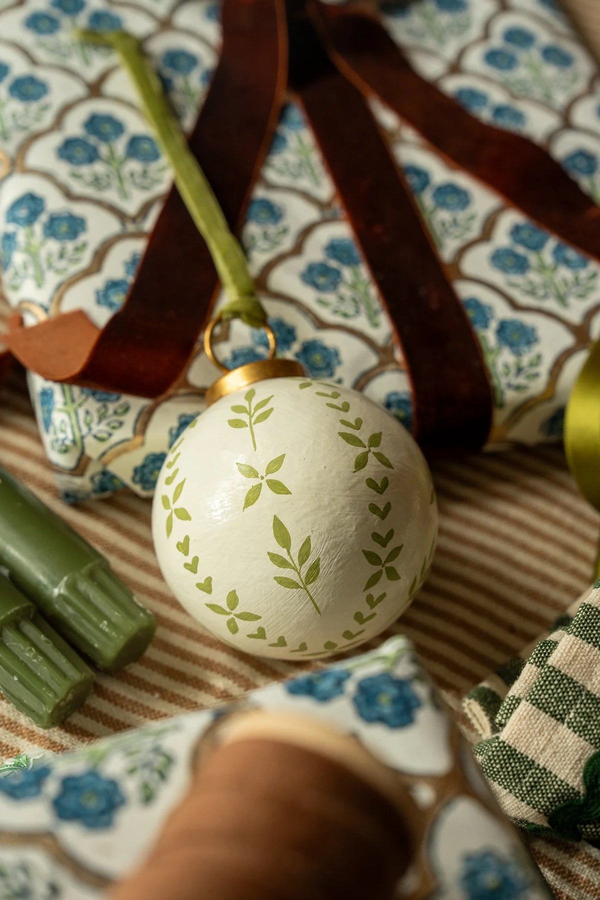 Hand-Painted Baubles with Velvet Ribbon - Berry/Green - Set of 3