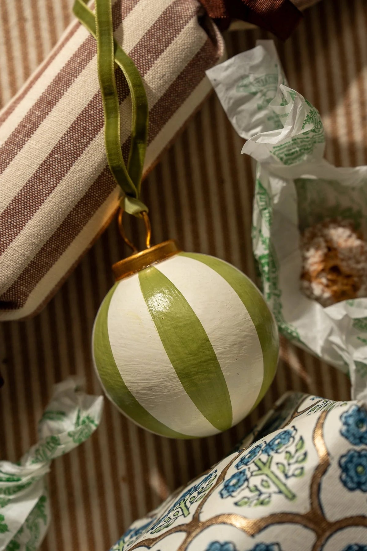 Hand-Painted Baubles with Velvet Ribbon - Berry/Green - Set of 3