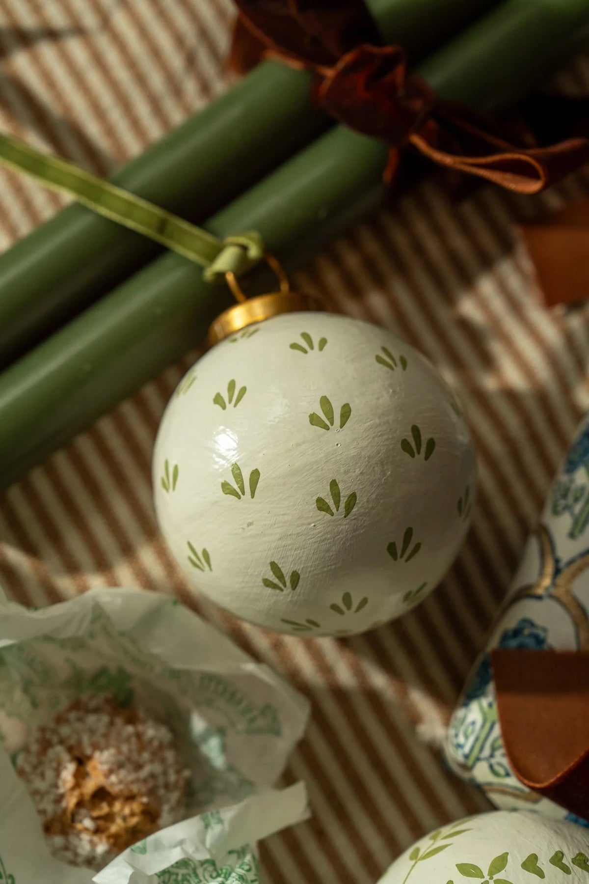Hand-Painted Baubles with Velvet Ribbon - Berry/Green - Set of 3
