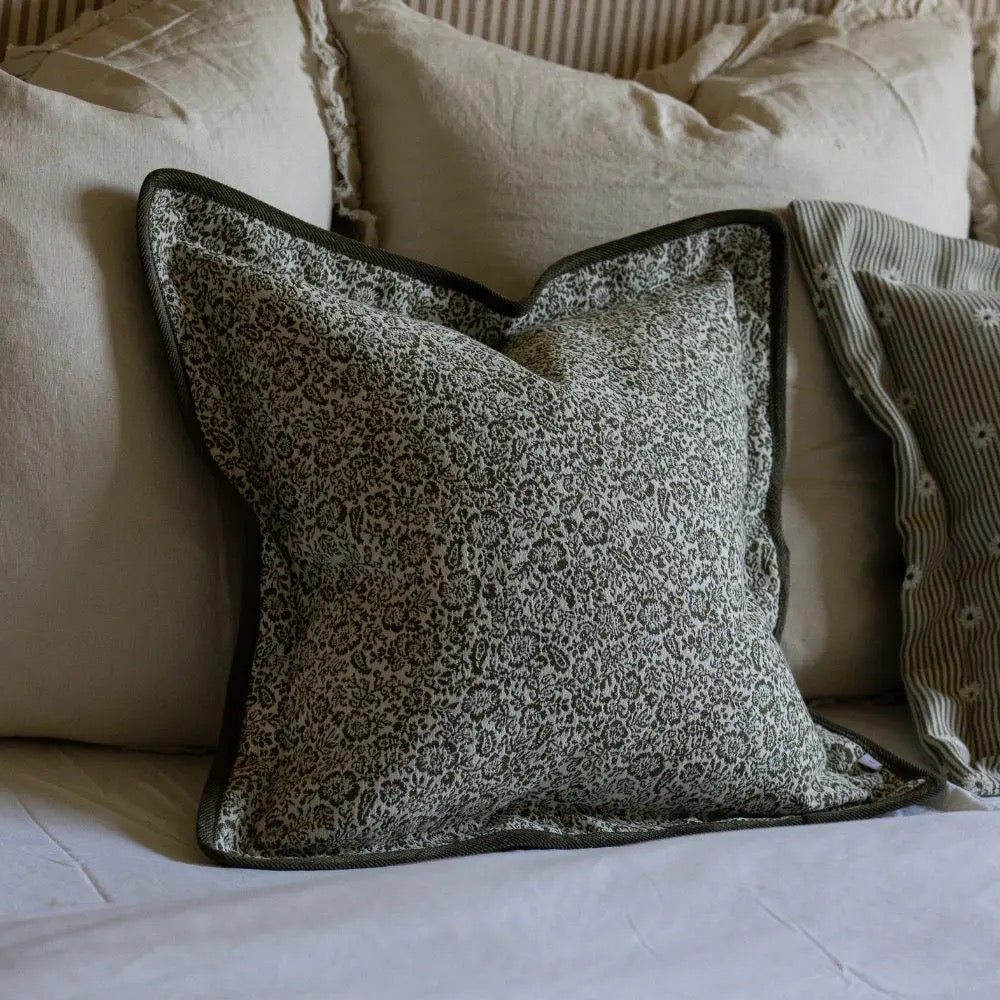 Fleur Olive Floral Flanged Edge Cushion