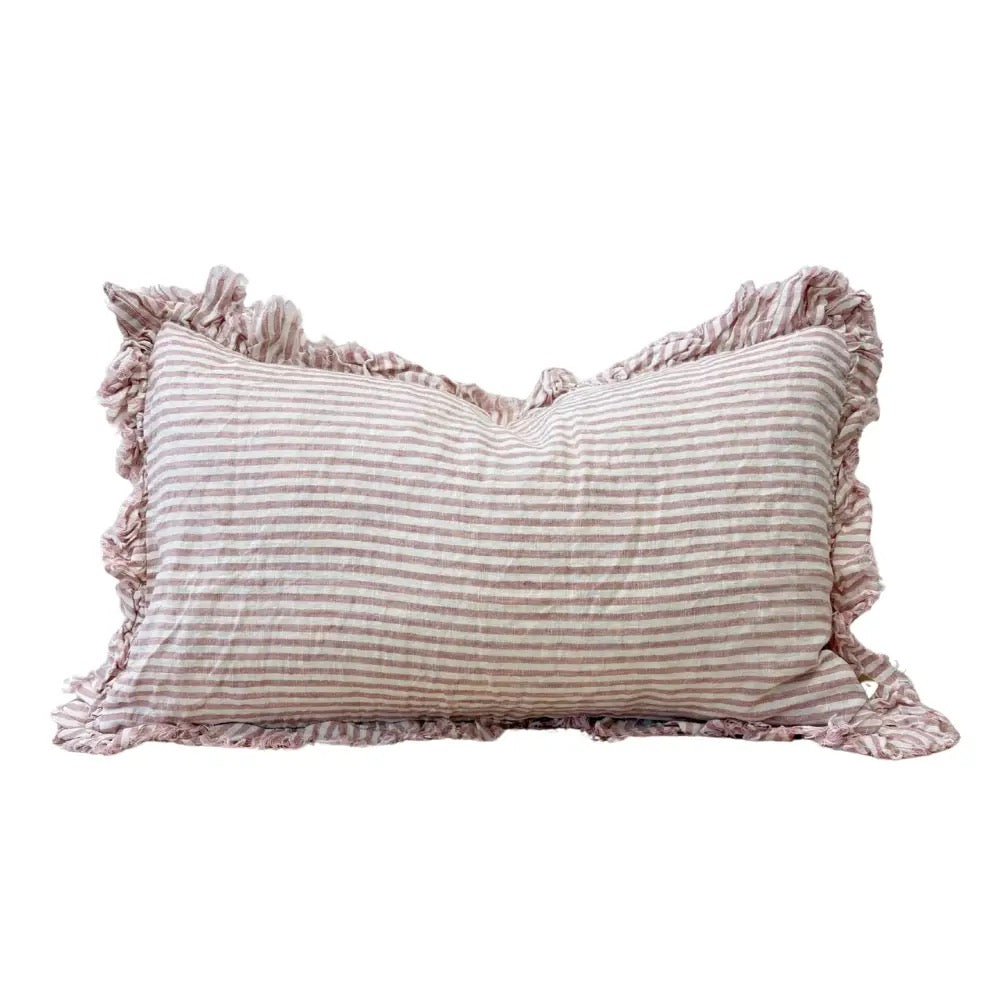 Hallie Ruffled Linen Cushion – Pink Stripe/ 2 sizes