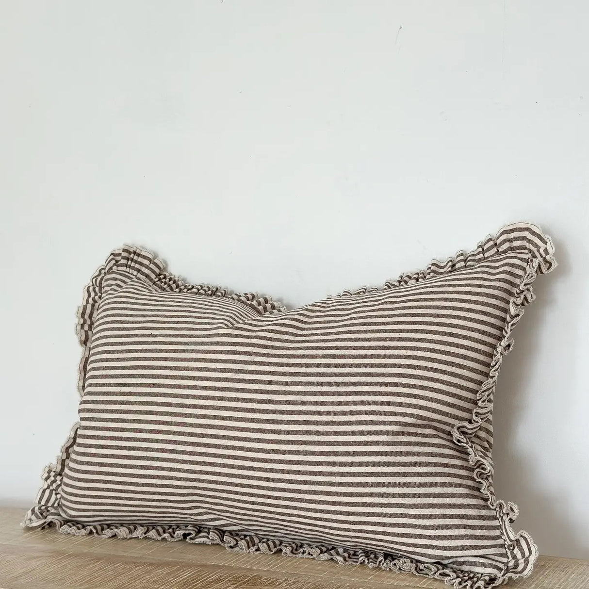 Darcy Ruffle Cotton Cushion 50x30cm – Dark Brown Stripe