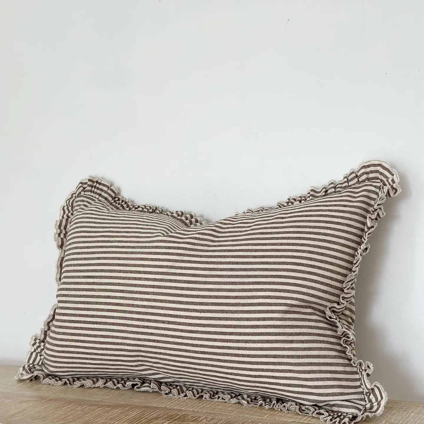 Darcy Ruffle Cotton Cushion 50x30cm – Dark Brown Stripe