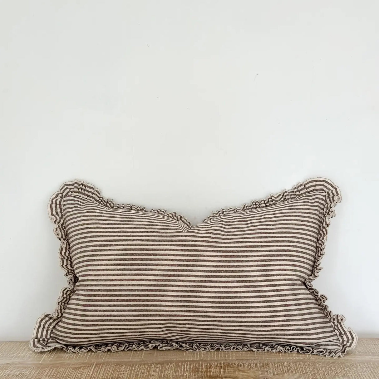 Darcy Ruffle Cotton Cushion 50x30cm – Dark Brown Stripe