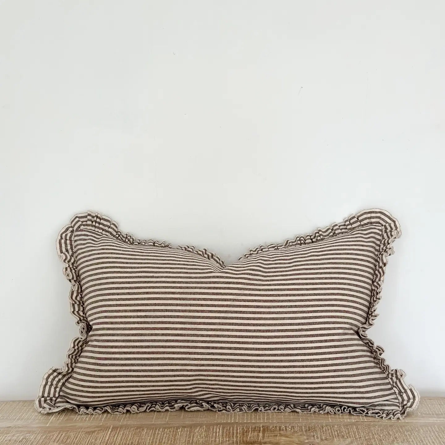 Darcy Ruffle Cotton Cushion 50x30cm – Dark Brown Stripe