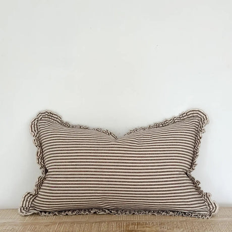 Darcy Ruffle Cotton Cushion 50x30cm – Dark Brown Stripe