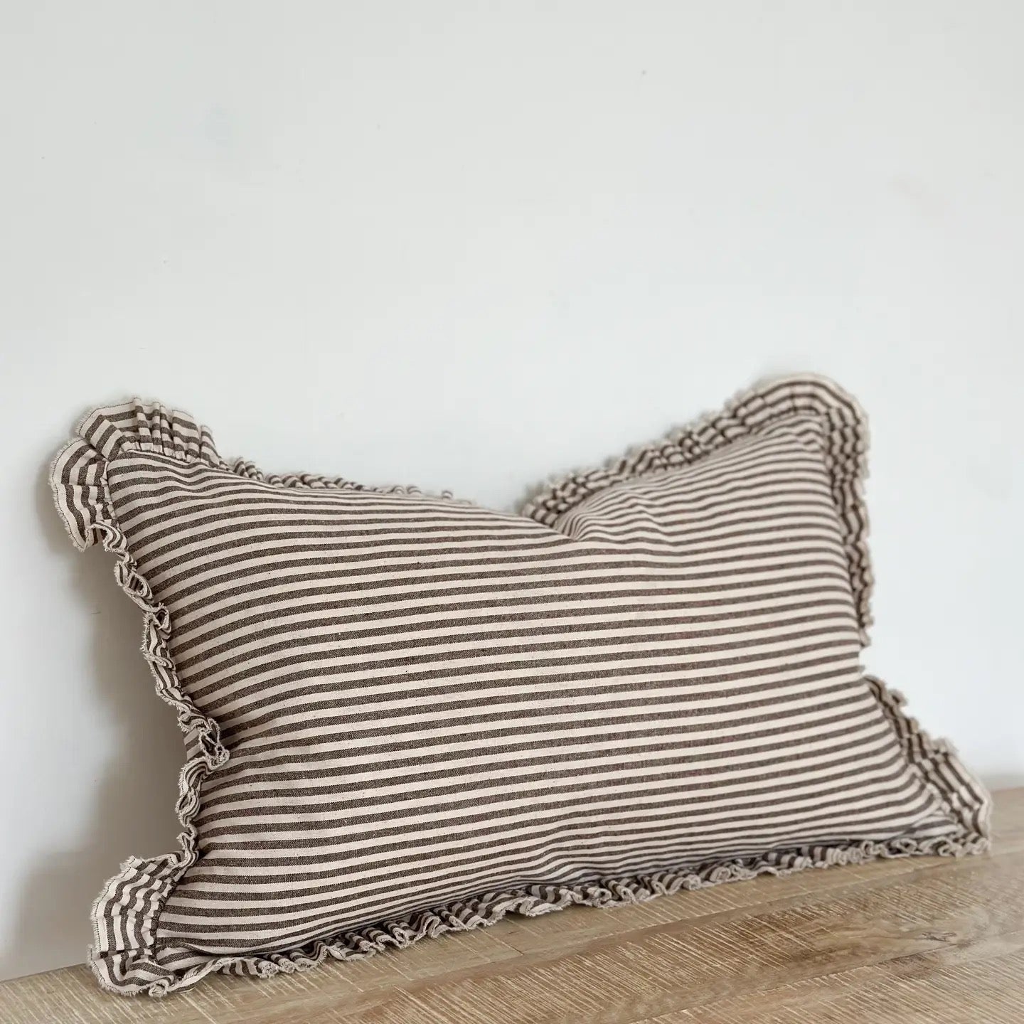 Darcy Ruffle Cotton Cushion 50x30cm – Dark Brown Stripe