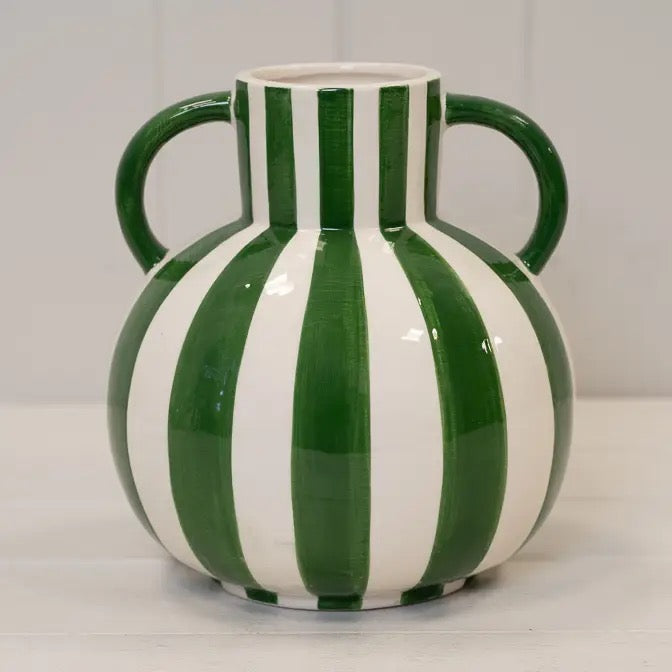 Painted Striped Ceramic Round Vase with handles