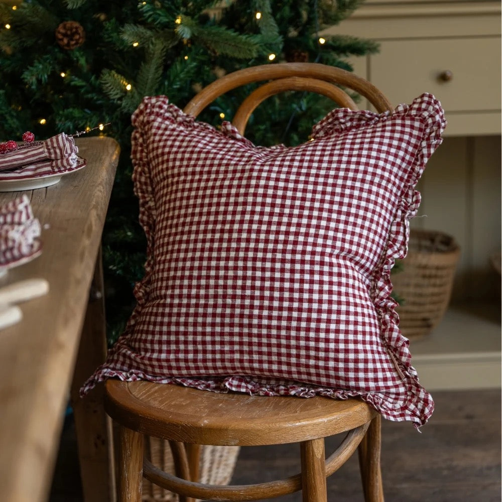 Hallie Burgundy Gingham Ruffle Cushion - 2 sizes