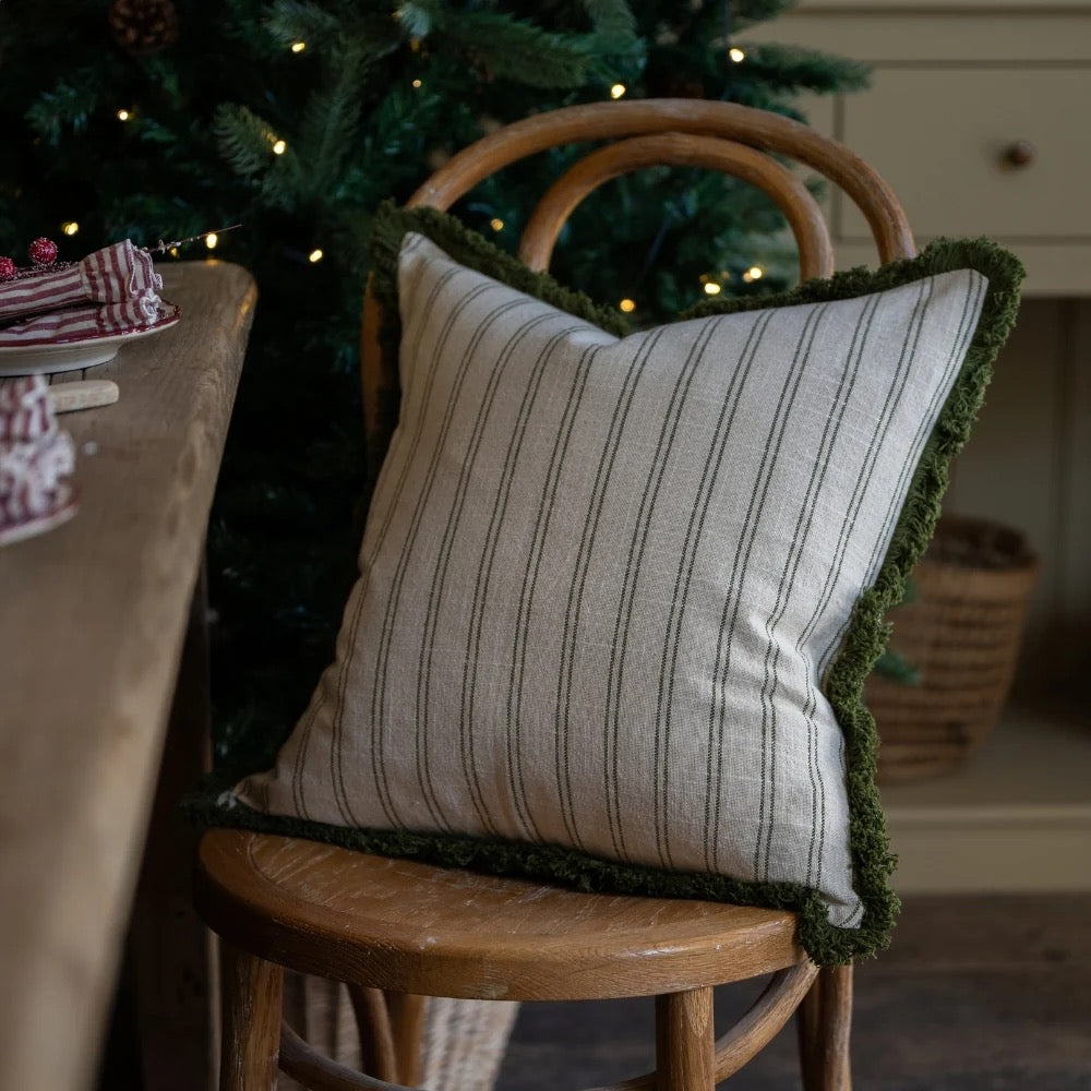Sadie Olive Stripe Fringed Cushion 45cm