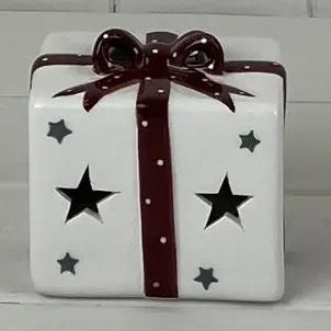 White Ceramic Present With Red Bow Decoration With Led