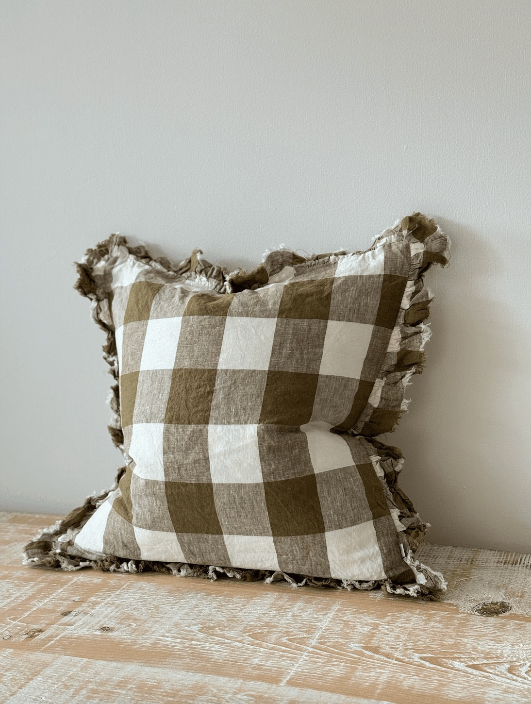 Hallie Olive Gingham Ruffle Cushion